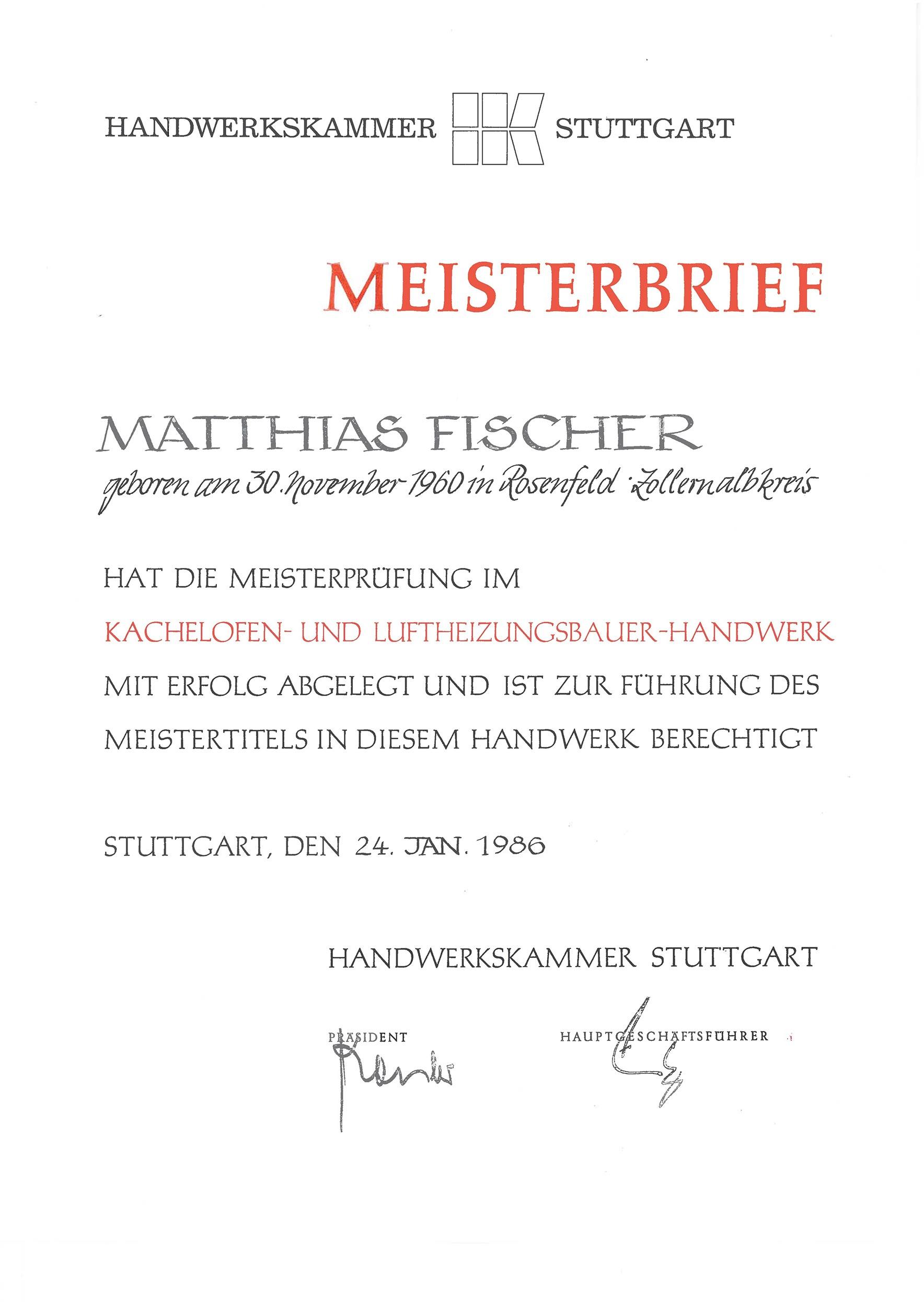 Meisterbrief Kachelofen- & Luftheizungsbauer