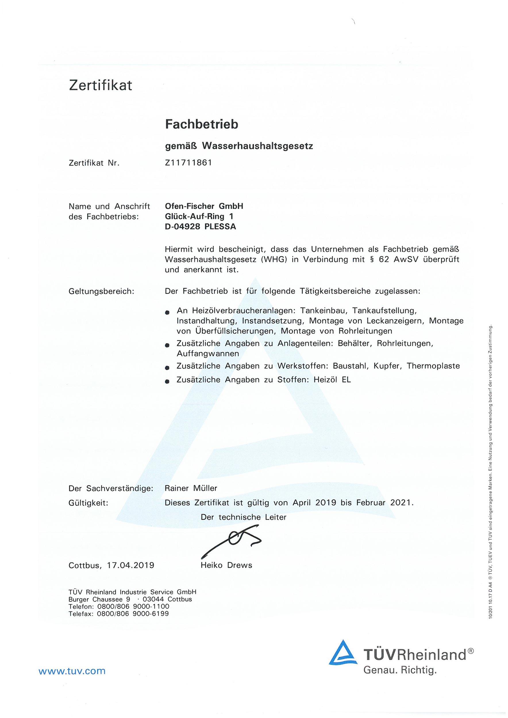 Fachbetrieb WHG (TÜV Rheinland)