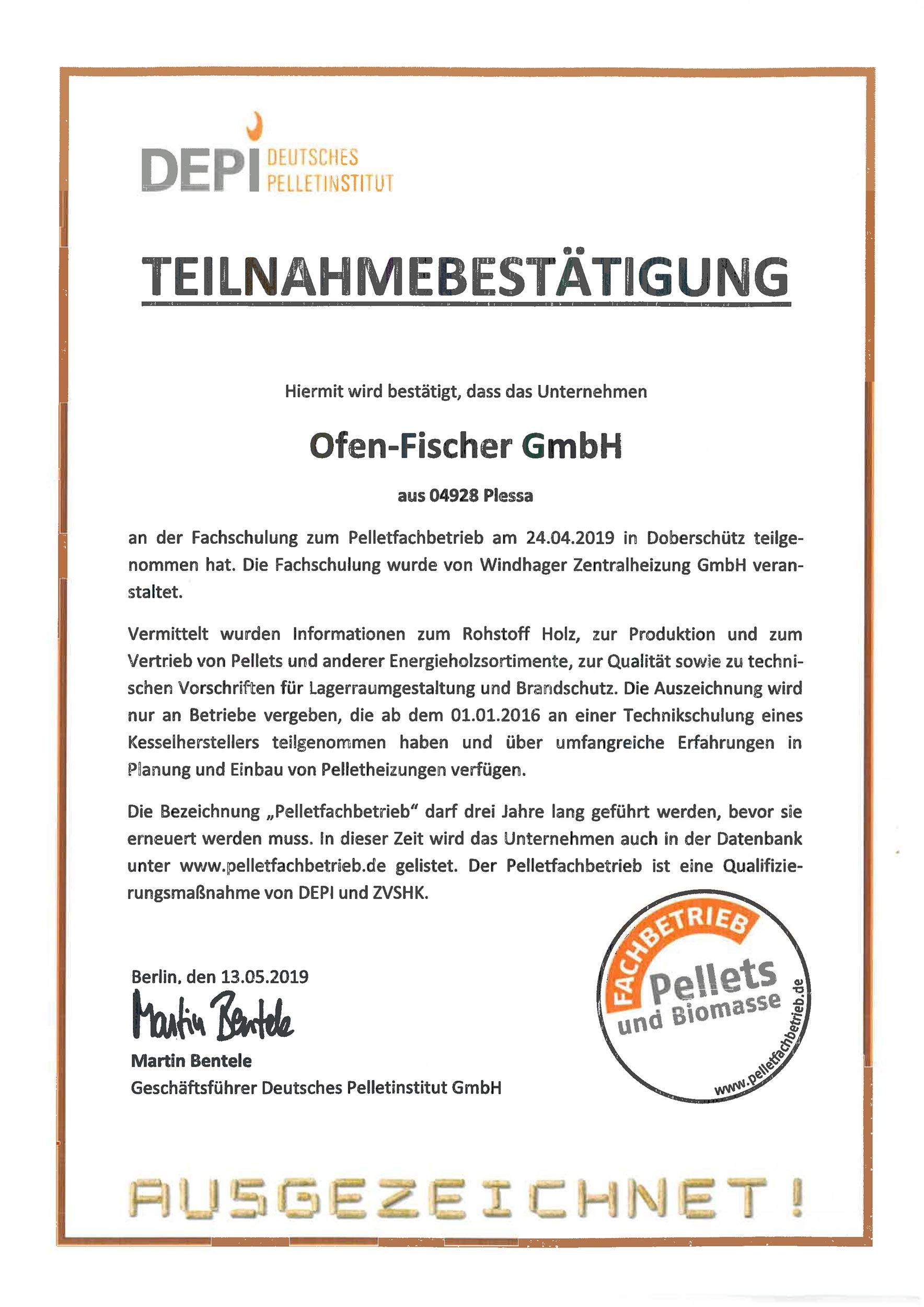 Zertifizierter Pelletfachbetrieb (DEPI)